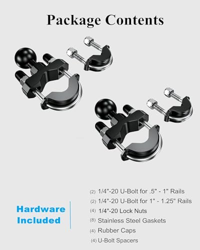 BRCOVAN 1'' Ball Handlebar U-Bolt Mount, Fit Rails Diameter 0.5'' to 1.26'' | 2 Pack, Compatible with RAM Mounts B Size 1 inch Ball Double Socket Arm & Bike Motorcycle Phone Holder