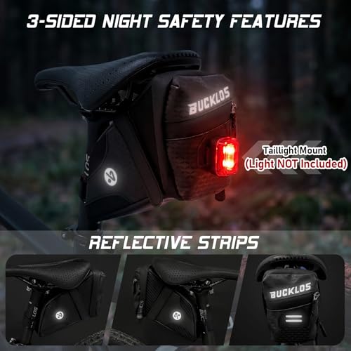 BUCKLOS Bike Saddle Bag, 0.8L Water Resistant Under Seat Bag, 3D Shell 600D Polyester Cycling Wedge Pack with Reflective Strips & Taillight Hanger for Mountain & Road Bikes, Black