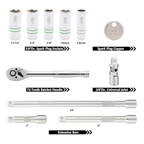 EMENTOL 11-Piece 3/8" Drive Magnetic Spark Plug Socket Set (5/8", 3/4", 13/16", 14mm, 18mm), with Ratchet Wrench & Universal Joint, Extension Bar and Spark Plug Gapper - size: 11-Piece Set (Magnetic)