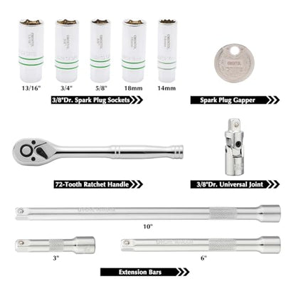 EMENTOL 11-Piece 3/8" Drive Magnetic Spark Plug Socket Set (5/8", 3/4", 13/16", 14mm, 18mm), with Ratchet Wrench & Universal Joint, Extension Bar and Spark Plug Gapper - size: 11-Piece Set (Magnetic)