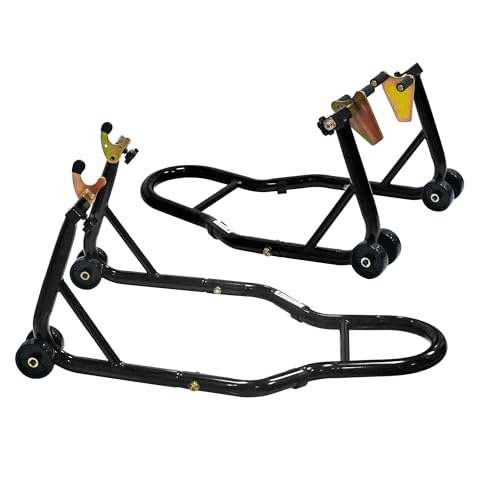 Motorcycle Front & Rear Wheel Lift Stand Combo, 440lbs per stand (880lbs Total) Steel Paddock Stands with Adjustable Fork & Swingarm Spool Heads