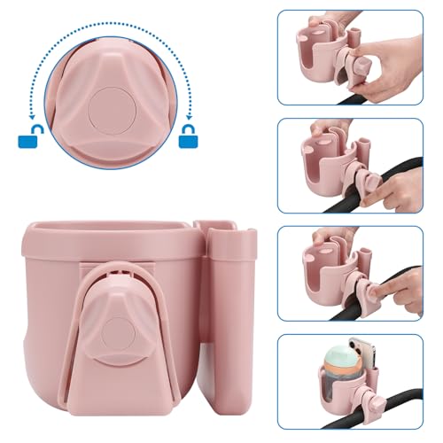 Accmor Stroller Cup Holder with Phone Holder, Bike Cup Holder, Universal Cup Holder for Uppababy Nuna Doona Strollers, 2-in-1 Cup Holder for Walker, Wheelchair, Scooter - color: All Light Pink