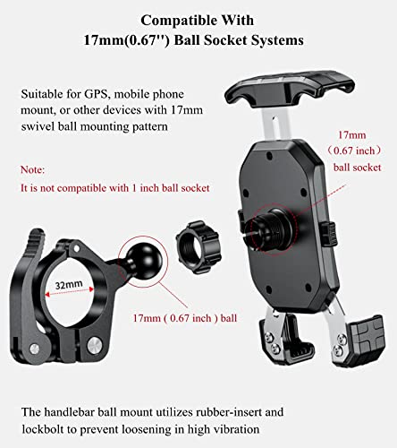 BRCOVAN 17mm Ball Handlebar Clamp Mount Base, Fit for Round Rails 0.5'' / 0.875'' / 1'' / 1.125'' / 1.26'' in Diameter, Tool-Free Installation