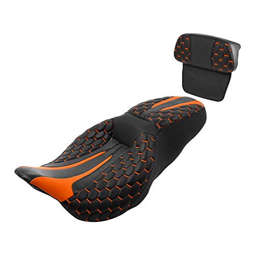 C.C. RIDER Motorcycle Seat Driver Passenger Touring Seat with Backrests for Harley Davison Electra Glide Classic Street Glide Road Glide 2014-2023 - color: Black Orange Seat + Tour Pack Backrest