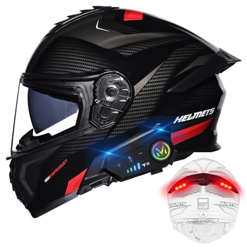 Bluetooth Modular Motorcycle Helmets with Tail Lights, DOT Approved Flip Up Full Face Dual Visor Motorcycle Helmet, with Dual Speakers and Microphone, for Adults Men Women M~XXXL - color: C