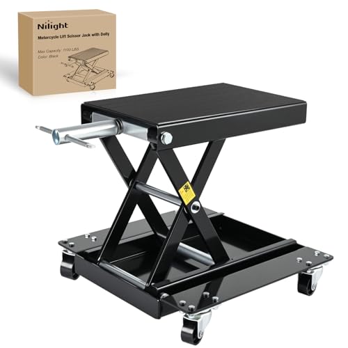 Nilight Motorcycle Lift 1100 LBS ATV Scissor Lift Jacks with Dolly Wheels Crank Handle 5.1"-15.7" Hoist Stand Heavy Duty Steel Lifter Jack for Motorcycles Dirt Bike Garage Storage Repair Tool, Black - color: Black w Dolly