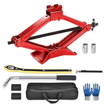 SPECILITE Scissor Jack, 2.5T(5512 Lbs), High-Strength Car Jack & Stand Kit with Rubber Pad, Tire Changing Kit with Ratchet Handle&Lug Wrench, Universal Vehicle Emergency Set for Various Models Red - color: Red