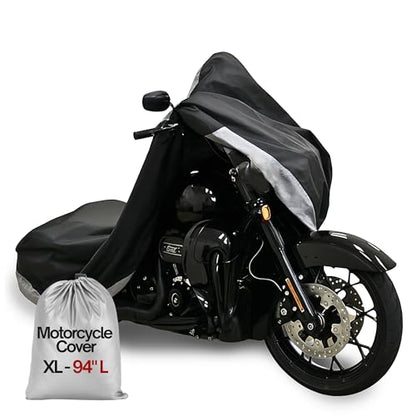 Formosa Covers Waterproof Motorcycle Cover Fits Bikes Up to 94", Heavy Duty 300D Outdoor Rain Sun Dust Protection, Soft Lined, Heat Shield, Lock Holes, Harley Honda Yamaha Kawasaki Suzuki - size: XL Motorcycle