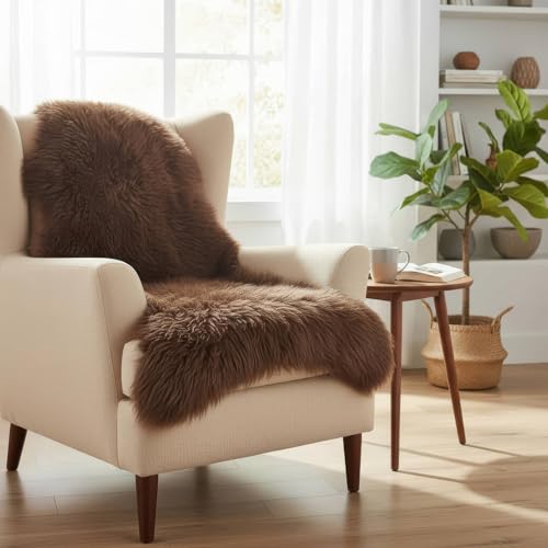 Genuine Dark Brown Sheepskin Rug 2x3 ft, Real Fluffy Single Pelt Fur Accent Rug for Chair, Seat Cover, Nursery & Home Decor, Natural & Soft Shaggy Throw - color: Brown, size: 2' x 3' (Natural)