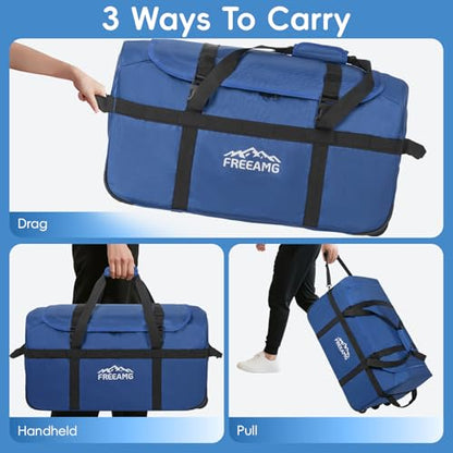 120L Foldable Rolling Duffel Bag with 3 Wheels And Handle, 30 inch Large Travel Duffle Bag for Travel, Camping, Outdoors - color: Blue