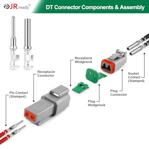 JRready 2 Pin Deutsch DT Connector Kit 12 Sets, Gray Waterproof Automotive Electrical Wire Connectors with Size 16 Stamped Contacts 14-18 AWG, Wedgelocks and Seal Plugs for Car Truck Marine Wiring - size: 2-Pin (12 Pairs)