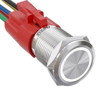 APIELE 16mm Latching Push Button Switch 12V DC Angel Eye Halo Ring LED Metal 1NO1NC SPDT with Wire Socket Plug (White) - color: Silver Shell-White, size: Silver Shell