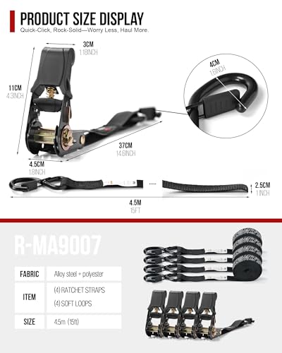 Ratchet Straps (4 PK) 15 Feet (1,823lb Break Strength) Heavy Duty Tie Down Strap with S Hook Black for Packing Motorcycle Truck Cargo