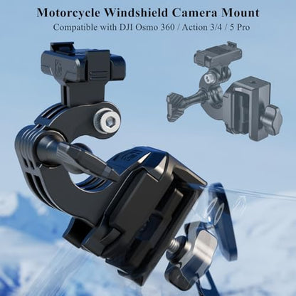 Kewig Motorcycle Windshield Camera Mount with Magnetic Latch Mount & Aluminum Alloy Clip Base, Compatible with DJI Osmo 360 / Action 3/4 / 5 Pro, Angle Adjustable, Quick-Release Design