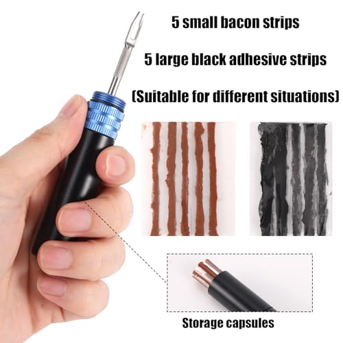 NQEUEPN 3-in-1 Tire Repair Kit, Compact Tire Puncture Plug Patch with Strips Tubeless Bike Tires Accessories Valve Removal Tool Fix a Puncture or Flat for Auto Motorcycle Bicycle Car Truck Tractor