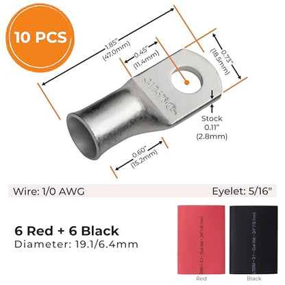 SELTERM 10pcs - 1/0 Awg - 5/16" Stud - Battery Lugs - Ring Terminal Connectors with 12pcs 3:1 Black & Red Heat Shrink Tubing with Adhesive | Heavy Duty Battery Cable Ends - Tinned Copper Wire Lugs Kit - color: Tinned Copper Lugs + Heat Shrinks, size: 1/0
