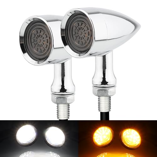 TSUNG Universal Motorcycle LED Turn Signals Small Bullet Front Rear Blinkers Tail Lights for Cruiser Chopper Bobber Cafe Racer Street Bike (White&Amber Light-Chrome) - color: CLASSIC-Chrome, size: 2PCS Front