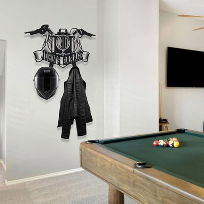 Personalized Metal Motorcycle Wall Hanger – Custom “Your Name Garage” Helmet and Jacket Rack – Handmade Black Steel Wall Art for Bikers and Motorcycle Lovers (120X89cm/47X32 Inches) - size: 120X89cm/47X32 Inches