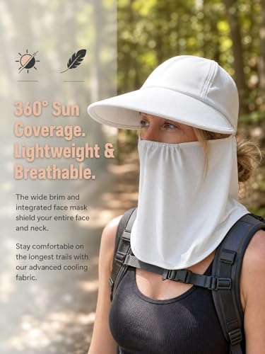 Outdoor Wide Brim Sun Hat Visor for Women, Detachable Face & Neck Cover, Hiking Gardening UPF 50+, Ponytail Friendly - color: White