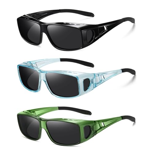Wzerry Sunglasses Fit Over Glasses Polarized for Men Women, Wrap-Around Glasses UV400 Protection for Driving and Outdoor - color: Black/Grey + Transparent Blue/Grey + Transparent Green/Grey