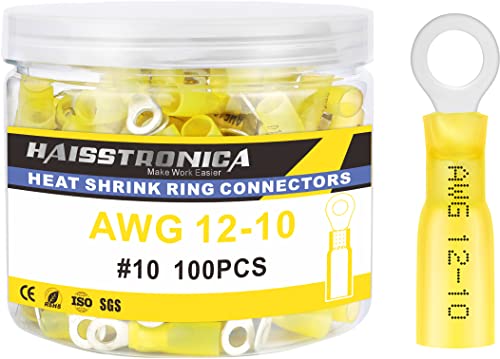 haisstronica 100PCS Heat Shrink Ring Terminals #10 Marine Grade Wire Connectors Yellow AWG 12-10 Gauge, Tinned Red Copper 1mm Resistant Ring Connectors, Brazed-Seam Insulated Electrical Crimp - color: Yellow, size: Ring 3/16"