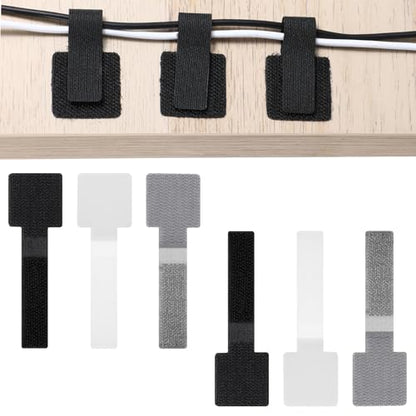 60PCS Hook and Loop Cable Straps, Self Adhesive Cable Clips, Reusable Hook and Loop Cables Ties for Cord Management, Adjustable Cables Organizers for Home & Office, Gray Black White