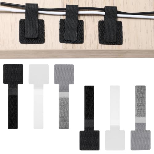 60PCS Hook and Loop Cable Straps, Self Adhesive Cable Clips, Reusable Hook and Loop Cables Ties for Cord Management, Adjustable Cables Organizers for Home & Office, Gray Black White