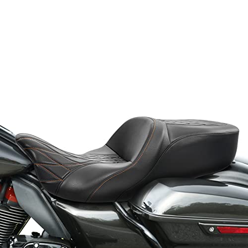 Passenger+Rider Driver Seat fit for Harley Davidson Touring 2009-2023 Road King Street Glide Road Glide Electra Glide Tri Glide models - color: 26#Black+Orange Seat-1
