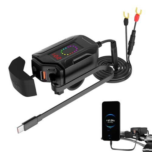 Motorcycle Phone Charger, Upgrade 30W PD Type-C 18W USB 3 Ports with 28'' Telescopic Charging Cable & Voltmeter & Switch, IP65 Waterproof Motorcycle Accessories for Phone Tablet GPS (Black)