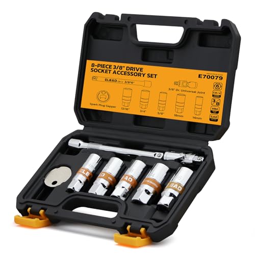 ELEAD 8-Piece 3/8" Drive Spark Plug Socket Set with Universal Joint, Spark Plug Gapper and 6" Extension Bar, SAE & Metric, 5/8", 3/4", 13/16", 14mm, 18mm, CR-V Sockets with Rubber Holding Rings - size: 8-Piece Spark Plug