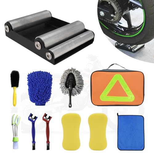 Motorcycle Wheel Cleaning Stand with Cleaning Brush Kit,Universal Roller Paddock for Dirt Street Bike Ebike for Tire Cleaning & Chain Lubrication(Bikes<500 lb & Tire Width<180 mm) (11PCS) - size: 11 Pcs