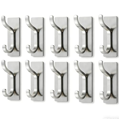 pickpiff Adhesive Wall Coat Hooks - Heavy Duty Stick-On Door Hanger, Metal Hook for Hanging Towel,Purse, Robe, Backpack, Jacket, Clothes - for Bathroom,Dorm, Closet, Kitchen - Brushed Silver, 10 Pack - color: Brushed Silver, size: 10 Pack
