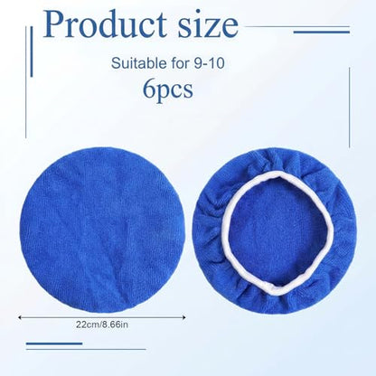 6 PCS Car Buffing Pads for 9-10 Inch Orbital Polisher, Microfiber Polishing Bonnets Buffer Pad Cover, Soft Wax Applicator for Car Detailing (Blue)