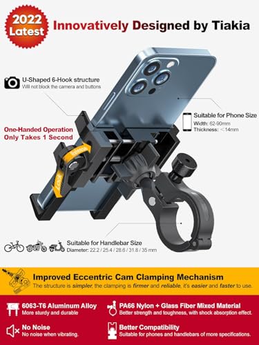 Tiakia Bike Phone Mount Holder, Aluminum Motorcycle Phone Mount, Handlebar Mounted Cell Phone Holder for Bike, 360° Rotation, Universal Bicycle Phone Mount for 4.5-7 Inch Phones - color: Black-1