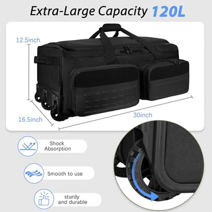 Rolling Duffle Bag with Wheels,120L Large Deployment Bag,Waterproof Military Duffle Bags for Tactical Military Deployment Camping - color: Black