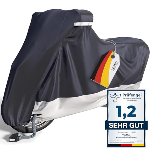 VELMIA Motorcycle Cover Extremely Heat Resistant up to 550 F I High Standard Motorcycle Cover Waterproof Outdoor for All Seasons, Motorcycle Storage, Scooter Cover, Moped Cover, Harley Cover - size: [S] 75 x 32 x 45 in
