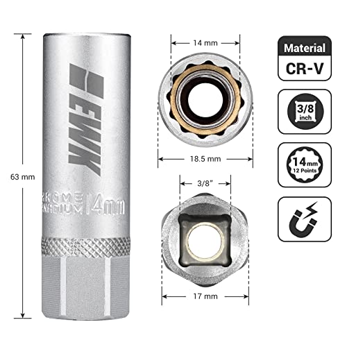 EWK 14mm 12 Point Thin Wall Magnetic Spark Plug Socket, 3/8" Drive Deep Well Tool for BMW N54 N55 B58, Mini Cooper R55–R60, Nissan & Infiniti 14mm Bi-Hex Spark Plugs