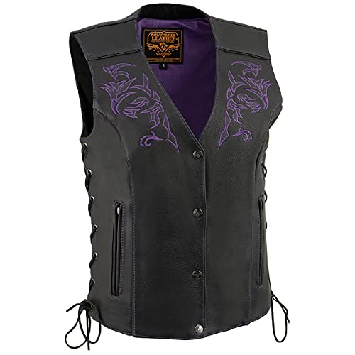 Milwaukee Leather ML1296 Women's Black Leather Side Laced Motorcycle Vest w/Reflective Tribal - color: Purple, size: 5X-Large