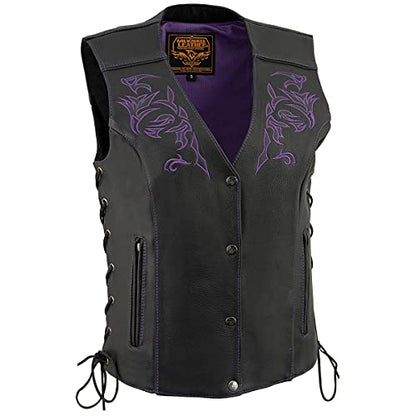 Milwaukee Leather ML1296 Women's Black Leather Side Laced Motorcycle Vest w/Reflective Tribal - color: Purple, size: 4X-Large