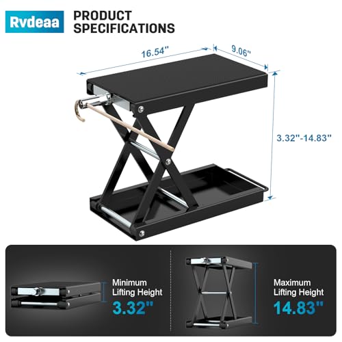 Heavy-Duty Motorcycle Lift Stand, Black Steel, 1100 LBS Capacity | Wide Anti-Slip Deck, J Crank Handle & Socket, Scissor Lift Design, For Cruisers, Dirt Bikes, Street Bikes, ATVs