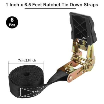 6 Pcs Ratchet Tie Down Straps Heavy Duty, 1 Inch x 6.5 Feet Cargo Control Endless Ratchet Straps, Black Ratchet Strap for Cargo, Motorcycles, Luggage