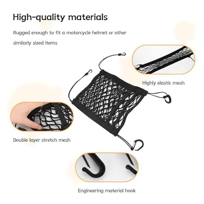 Motorcycle Cargo Net for Helmet Storage, 9.4''×10.6'' High Elastic Triple Layer Bungee Net with 4 Hooks, Car Seat Mesh Storage Pocket, Luggage Strap Rack Expansion Organizer (4 Elastic Edges)