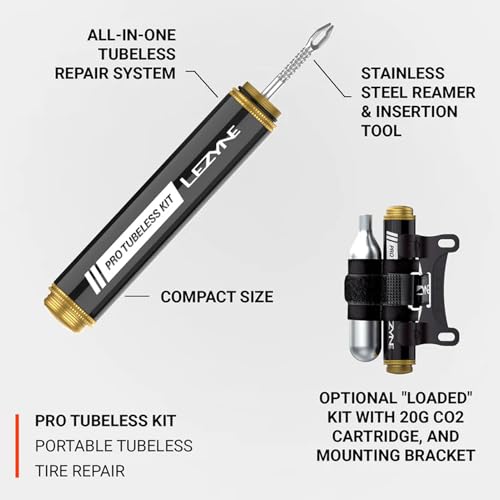 LEZYNE Pro Tubeless Kit | Portable All-In-One Bicycle Tire Repair System with Aluminum Body, Tire Plugs, CO2 Inflator & Stainless Steel Tools | For Road, Gravel & MTB Bikes, Pro Tubeless Kit Loaded - size: Pro Tubeless Kit Loaded