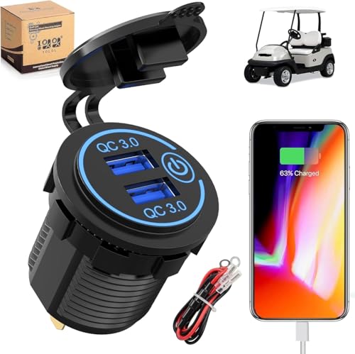 10L0L Golf Cart USB Charging Socket Quick Charge 3.0 USB Outlet PD USB C Type C Port Dual Charger Adapter Waterproof Universal for EZGO Club Car Boat Motorcycle Car ATV etc.(12V~24V Input) - style: Dual USB