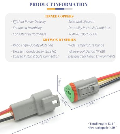 DT Deutsch 3 Pin Connector Kit Waterproof Electrical Connector 16 AWG Male and Female Automotive Wire Connectors for Car Truck Boat, Dt Connector 2 Sets (3 Pin 2 Sets) - size: 3 Pin 2 Sets
