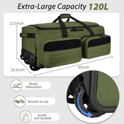 Rolling Duffle Bag with Wheels,120L Large Deployment Bag,Waterproof Military Duffle Bags for Tactical Military Deployment Camping - color: Green