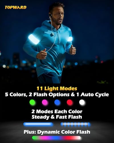 Topward LED Armband 2 Pack, Light up Reflective Arm Bands Glow Bracelets, Running Lights for Runners Dog Walking - 5 Colors 11 Light Modes - Adjustable Velcro - Rechargeable - color: Blue