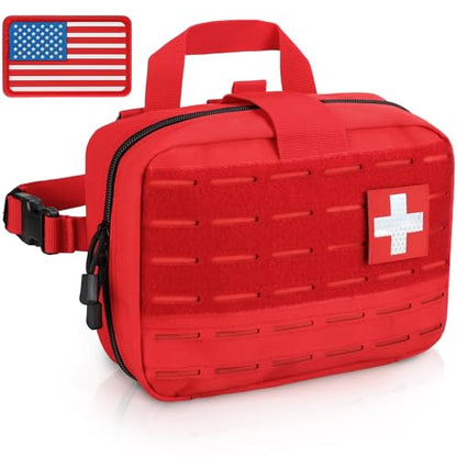 LIVANS Tactical Molle Medical Pouch - Upgraded Size, Large Capacity IFAK Pouch with Detachable Quick Release and Headrest Mount, Includes Flag and Cross Patch - color: Red