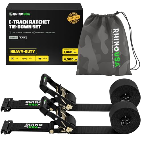 Rhino USA E Track Ratchet Tie Down Straps (4,500lb Break Strength) - Includes (2) Premium 2" x 16' eTrack Tie Downs - Ultimate Heavy Duty eTrack Cargo Strap System for Trailer, Truck, Motorcycle - color: Black, size: 2PK