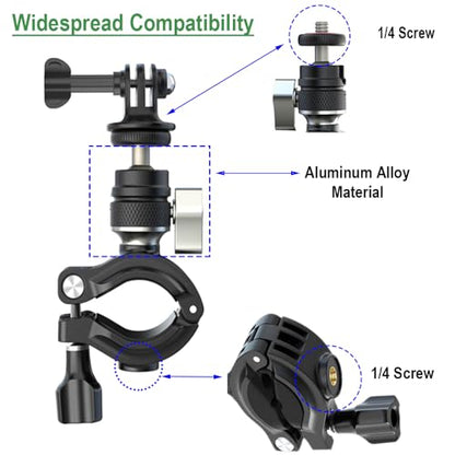 Bike Motorcycle Handlebar Mount with Metal Ball Head 1/4" Screw for GoPro Max Hero 13 12 11 10,DJI Osmo 360/Nano,Action 6/5/4,Procket 2/3,Insta360 X5 X4 X3 GO 3 Ace Pro GO Ultra Camera Clamp